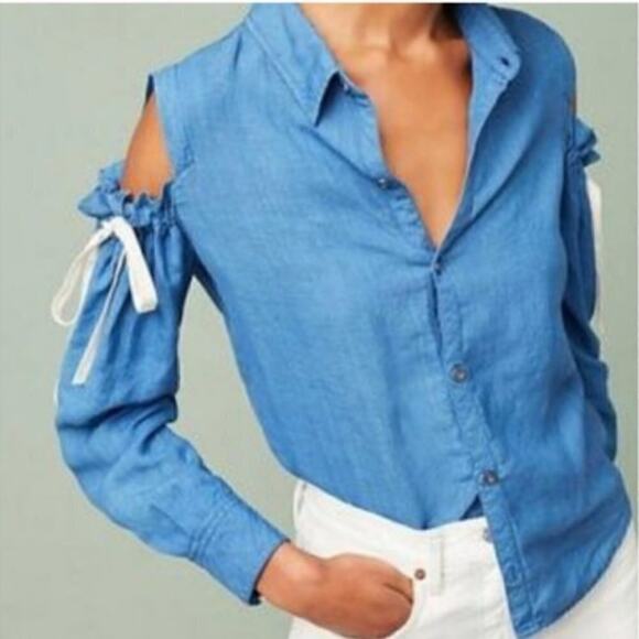 RAILS indigo linen romy blouse cold shoulders tie - Picture 1 of 9